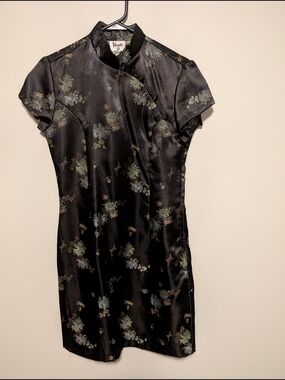Black Floral Satin Cheongsam Dress - Vintage Y2K